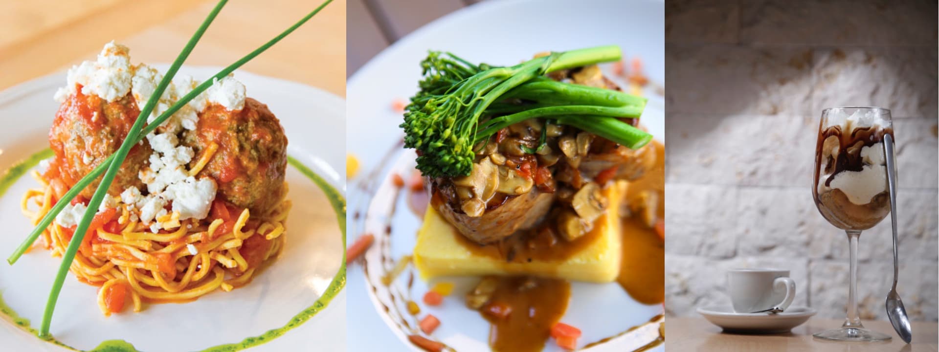 A collage from Cassariano's table: meatball spaghetti, a veal chop over polenta, and espresso with tiramisu